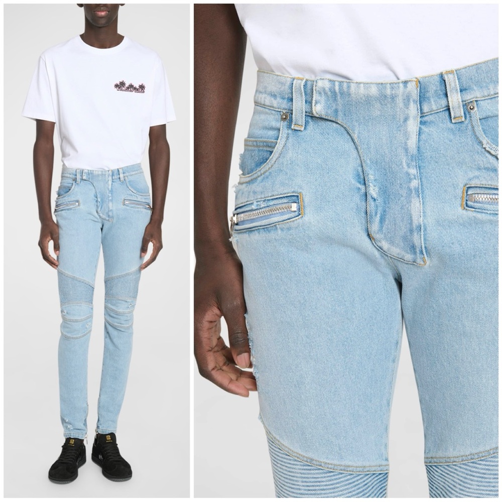 Balmain Men's Skinny Biker Jeans Men's Light Blue Jeans Size 36 - Picture 2 of 16